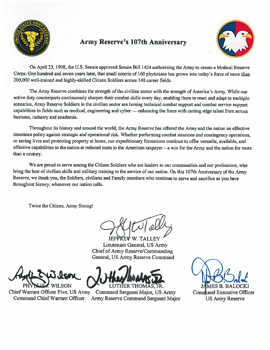 Army Reserve's 107th Anniversary > U.S. Army Reserve > Article View